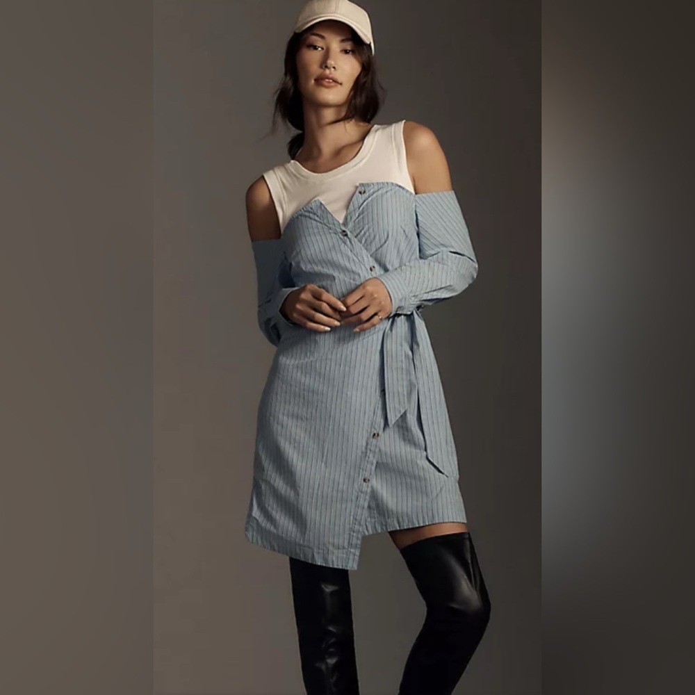 Anthropologie Blue Pinstripe Cold Shoulder Shirt Dress Sz L